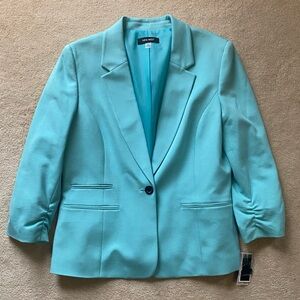 Nine West Powder Blue Blazer Size 12 Ruched Sleeve Knit Stretch Quiet Luxury